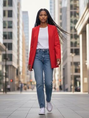 Calvin Klein Red Longline Blazer Women 2P Petite Open Front Jacket